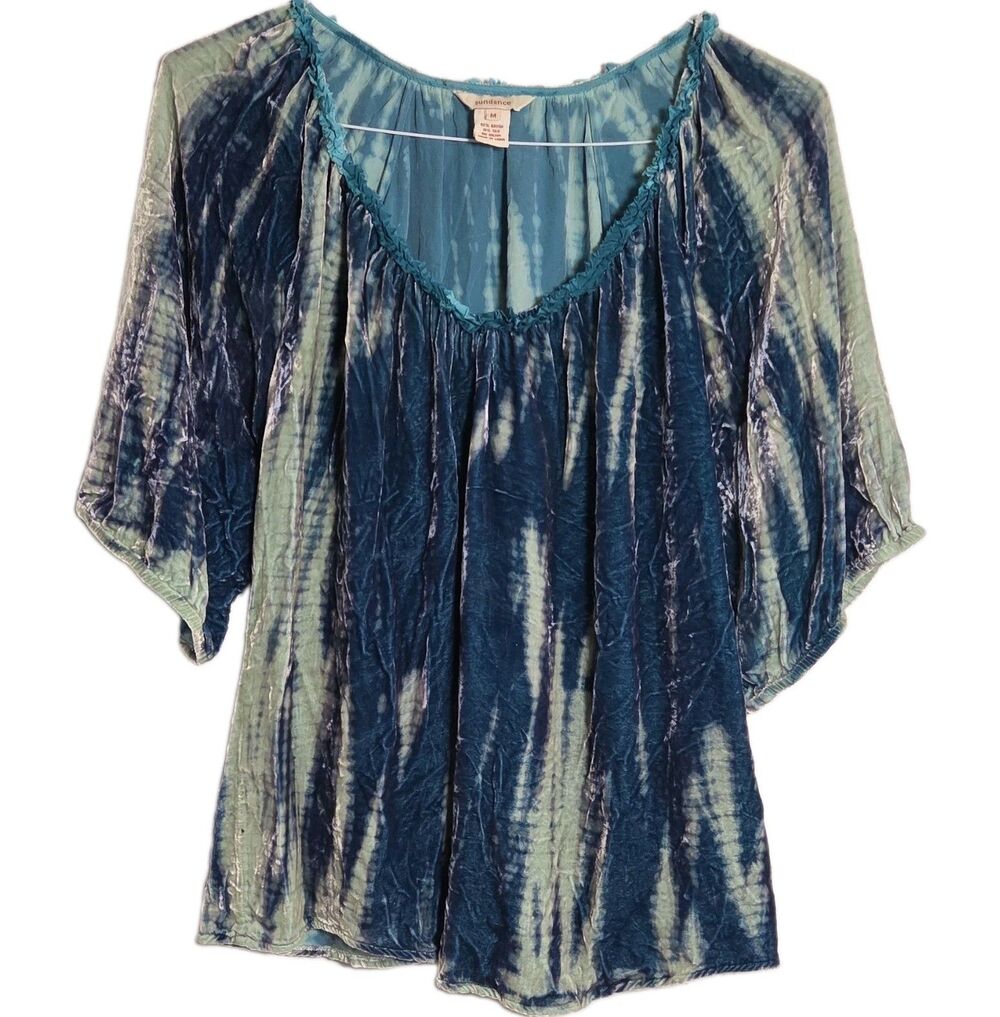 Sundance Velvet Tie Dye Blouse M Blue Green Boho Peasant Top Short Sleeve Ruffle